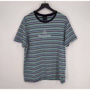 HUF Worldwide Embroidered Striped Skate Blue Green Black White T-Shirt Mens XL